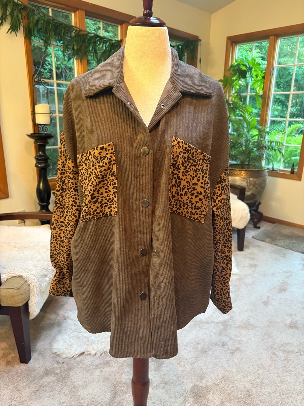 SHEIN Oversized Cheetah & Corduroy Shacket / Button Up Jacket